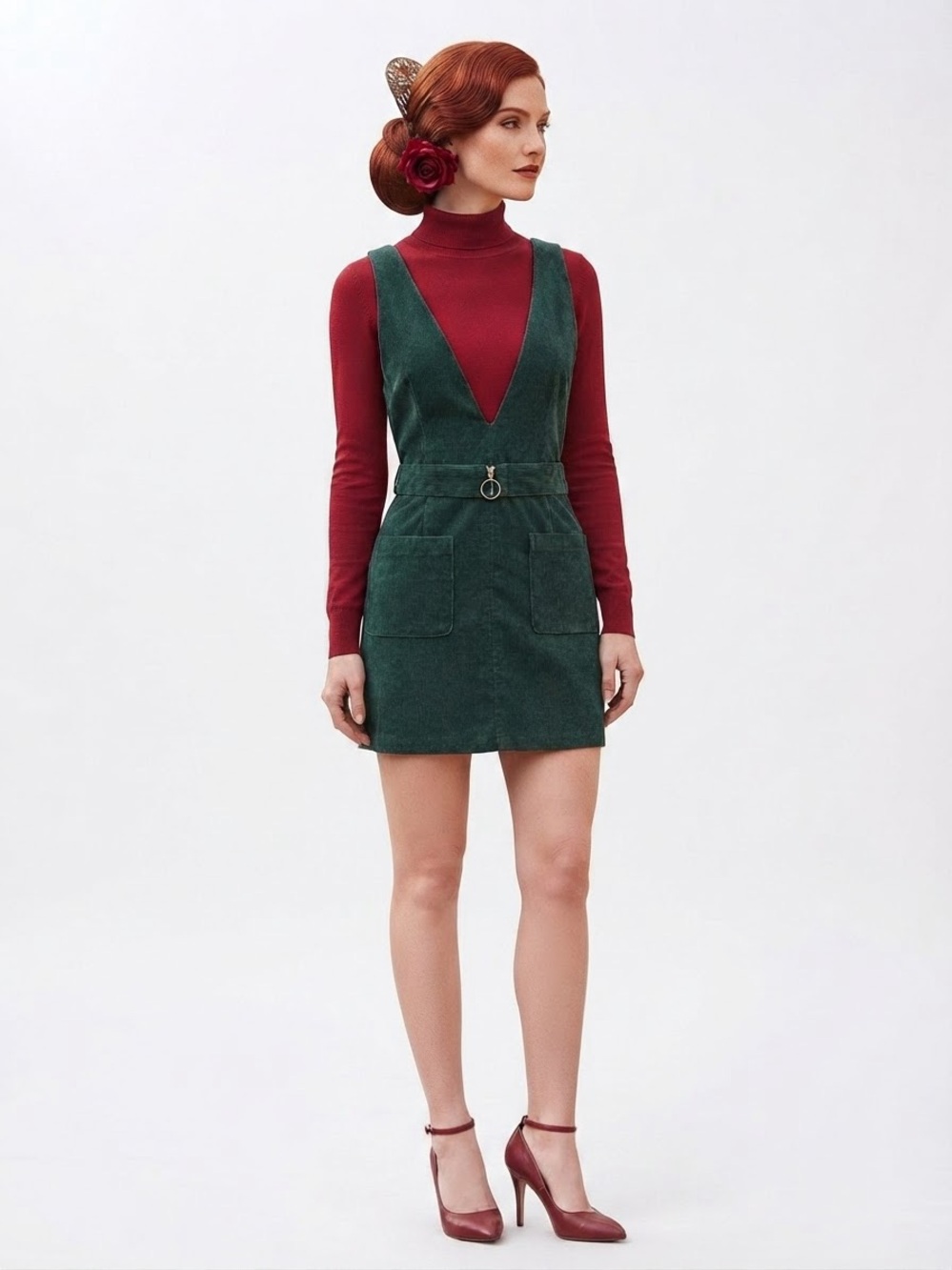 Moon River Plunging Corduroy Pinafore Mini Dress Forest Green
